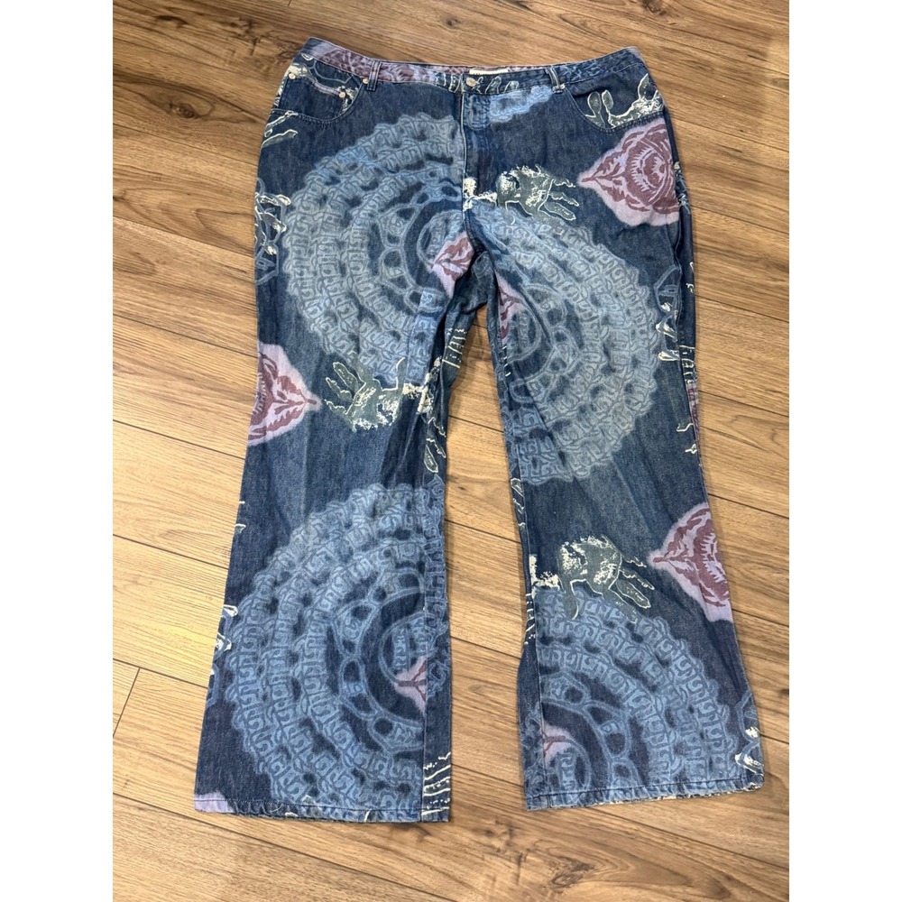 Vintage 90s Adriana Sport All Over Print Jeans 24 Plus Medallion Handprint Y2K